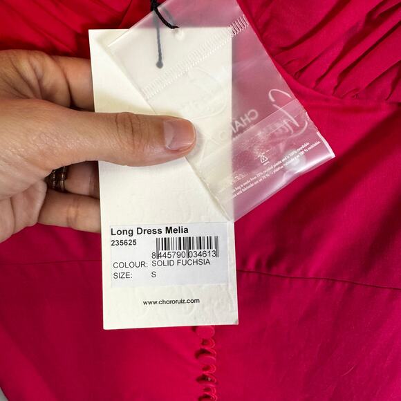 NWT Charo Fuchsia Pink Sleeveless Bustier Flounce Melia Maxi Dress Womens Small - Picture 8 of 9